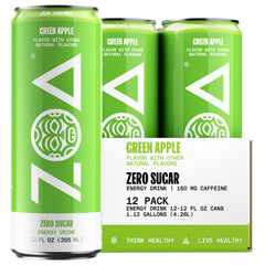 ZOA Green Apple can front shows sugar-free energy for an active day