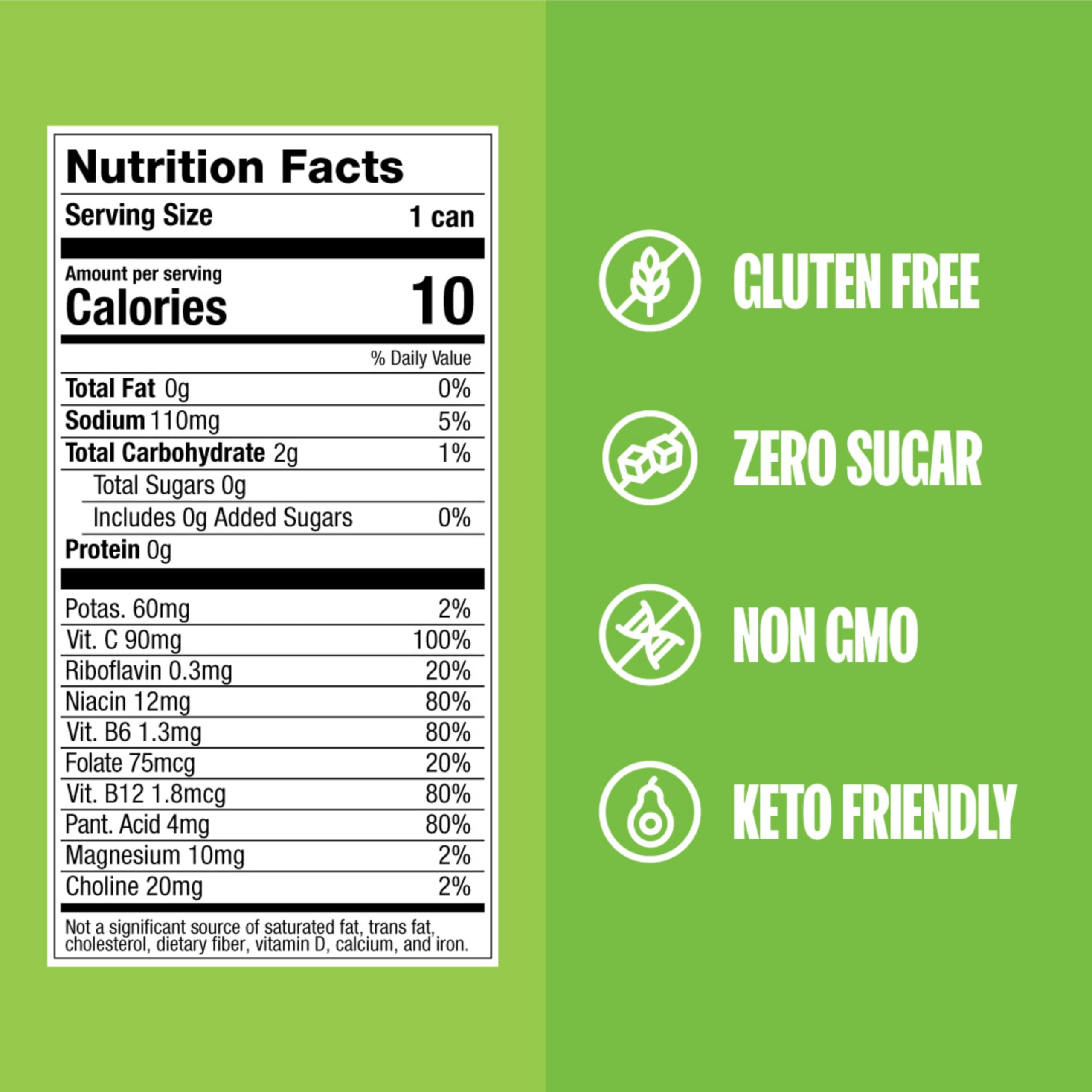 Close-up of ZOA label highlighting caffeine and vitamin details on can.
