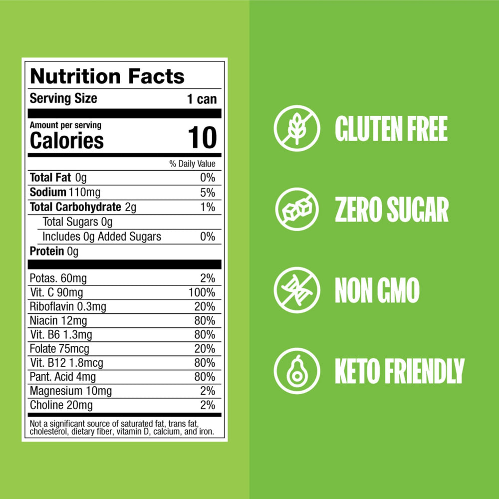 Close-up of ZOA label highlighting caffeine and vitamin details on can.
