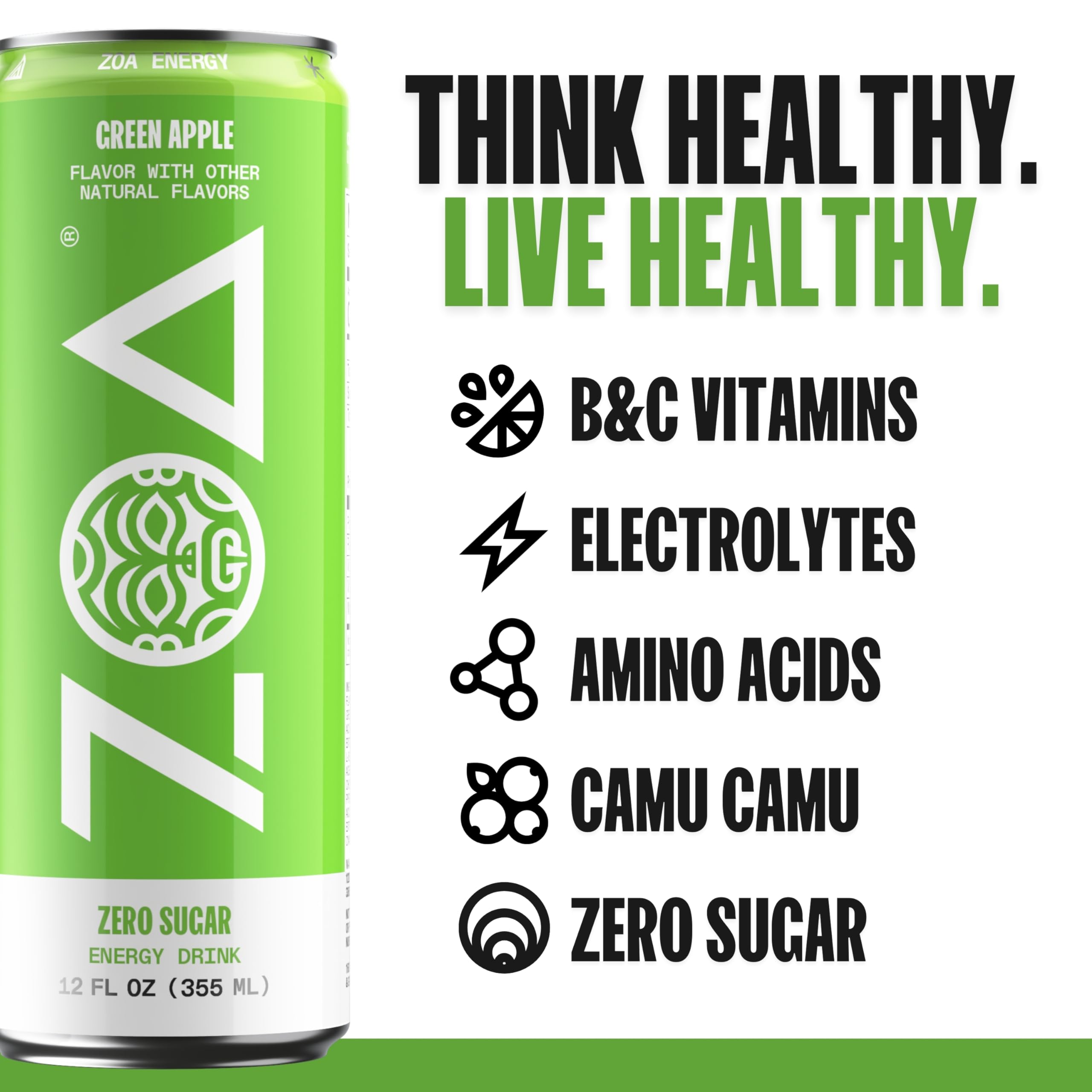 ZOA Green Apple can side highlights electrolytes for hydration during workouts
