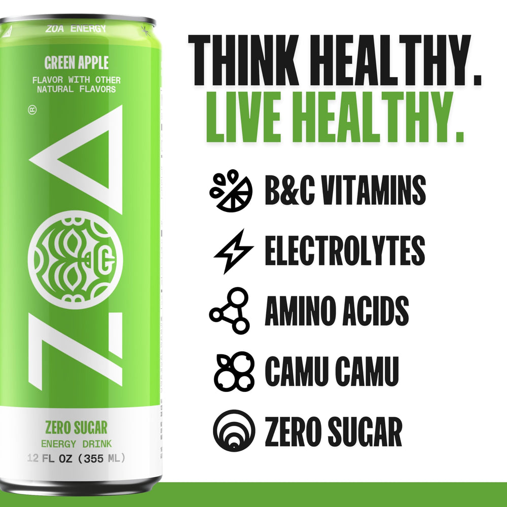 ZOA Green Apple can side highlights electrolytes for hydration during workouts