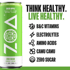 ZOA Green Apple can side highlights electrolytes for hydration during workouts