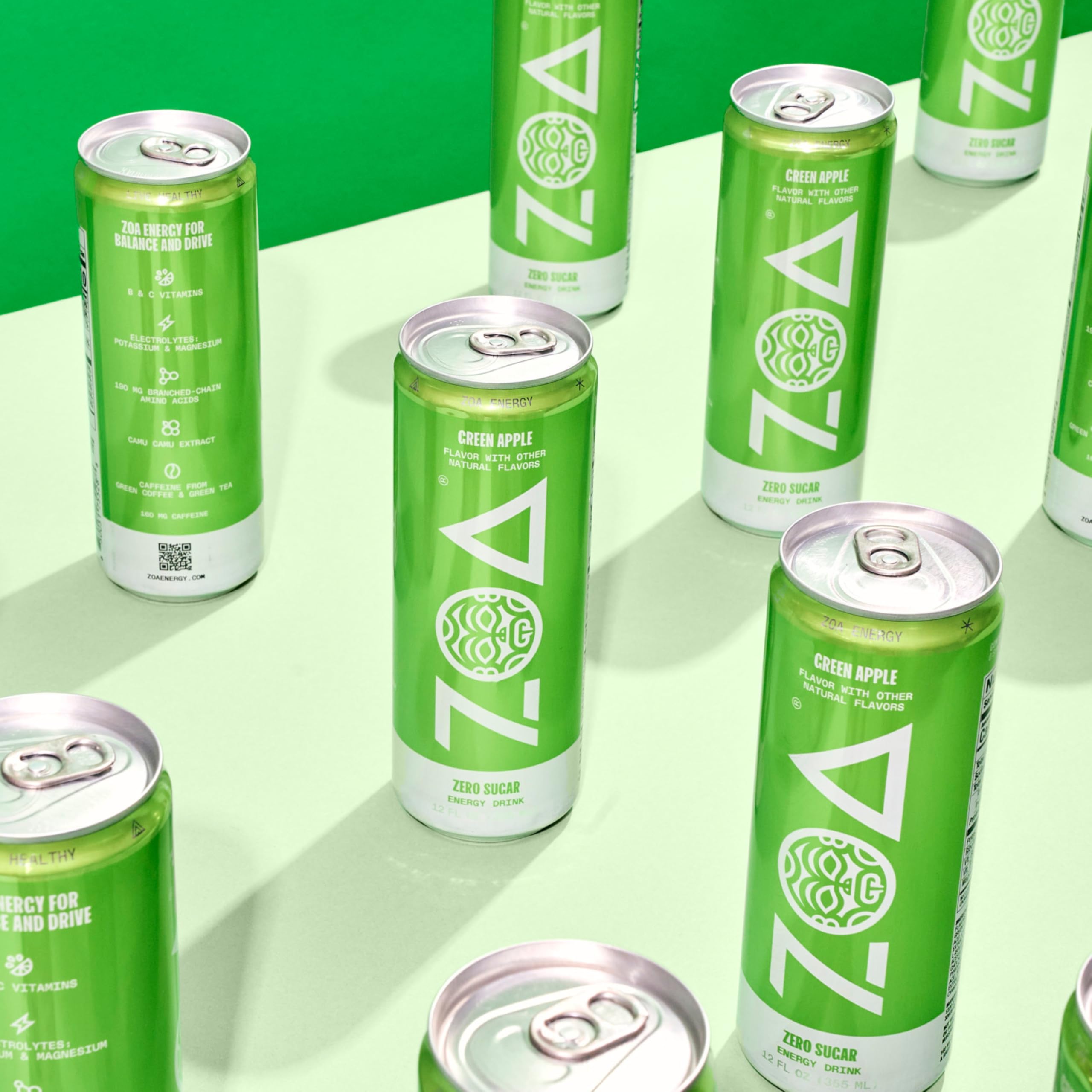 Front view of ZOA packaging in a 12-pack box on display.