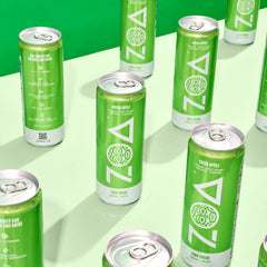 Front view of ZOA packaging in a 12-pack box on display.
