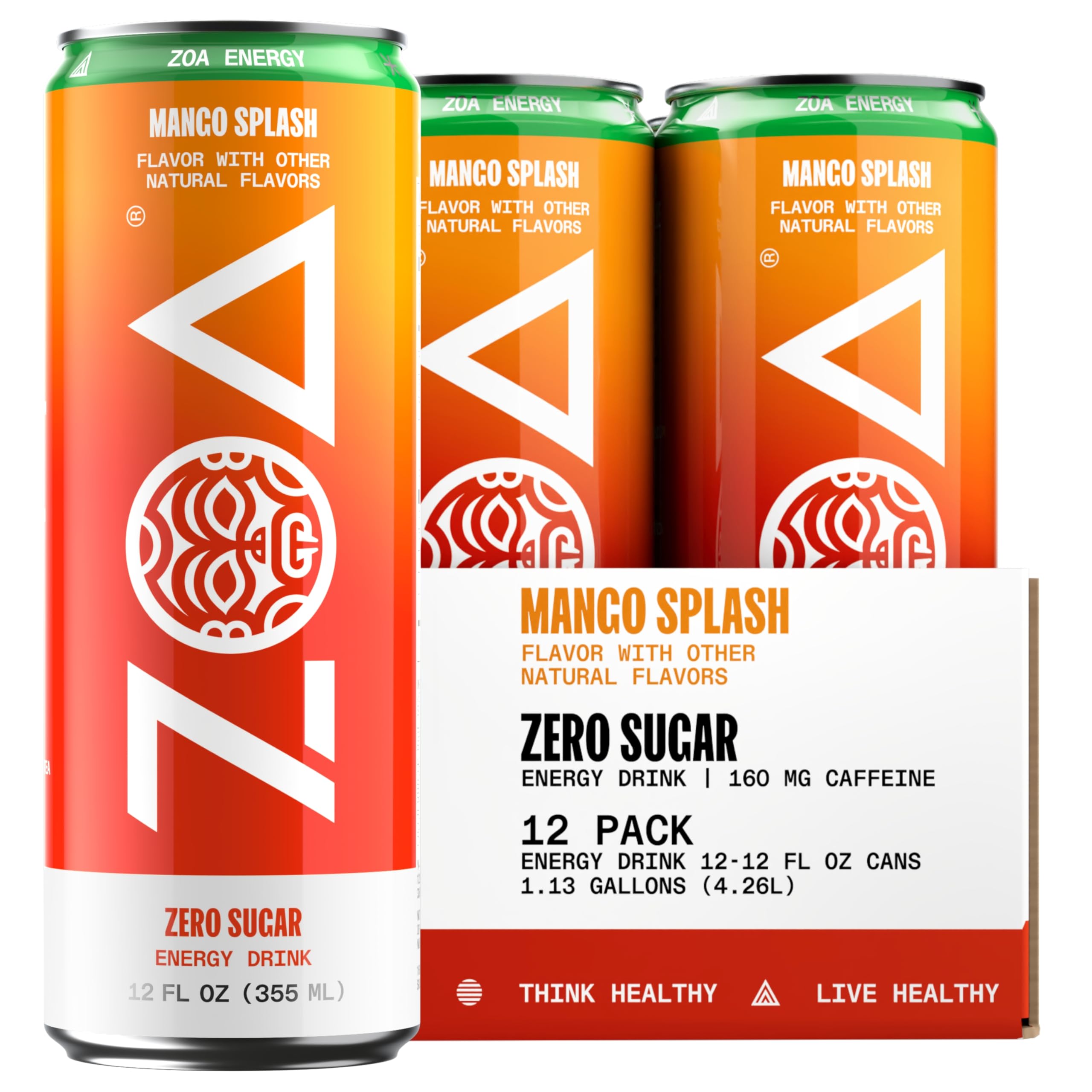 ZOA Mango Splash can being poured for a refreshing energy boost