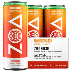 ZOA Mango Splash can being poured for a refreshing energy boost