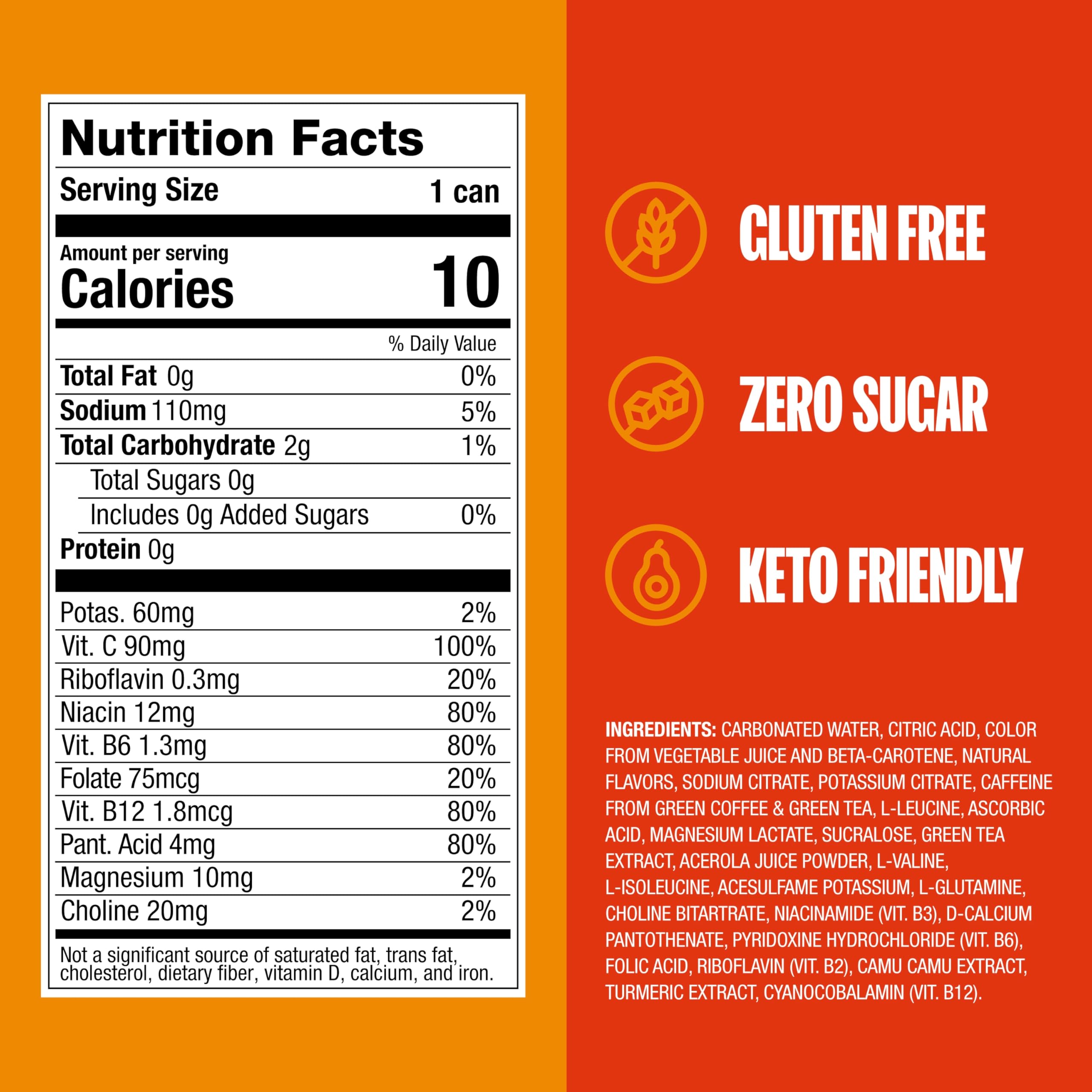 ZOA Mango Splash label close-up highlighting sugar-free formula and vitamins