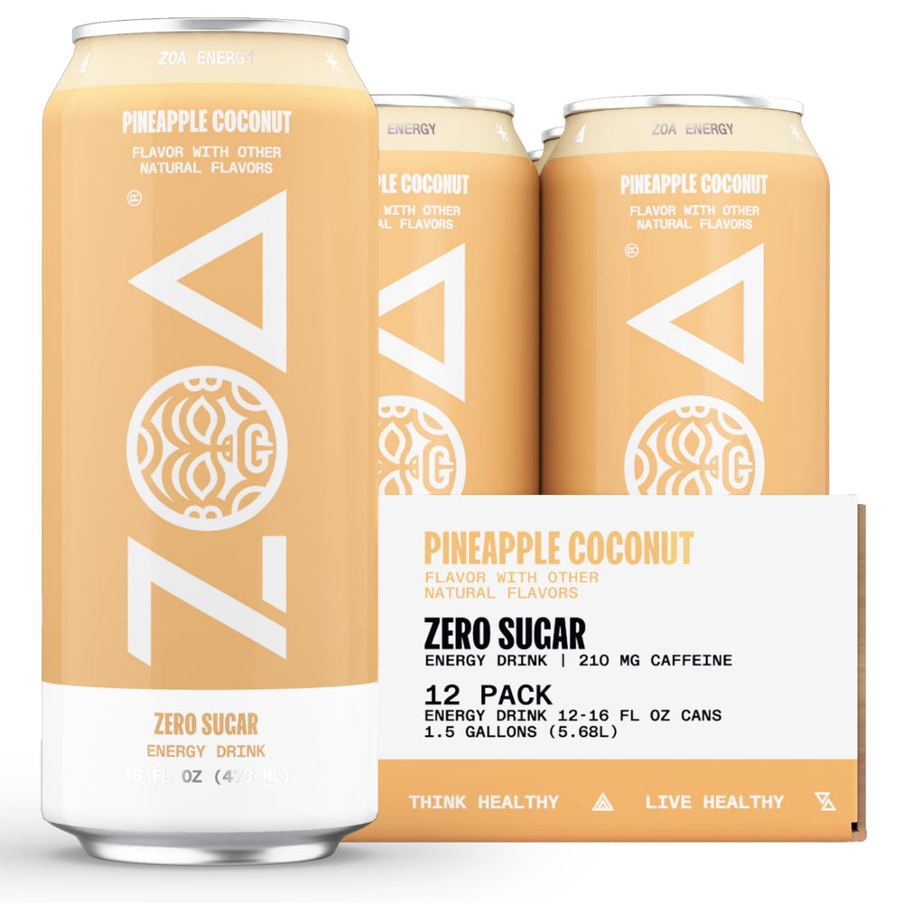 ZOA Pineapple Coconut can front view with sugar-free energy boost for on-the-go