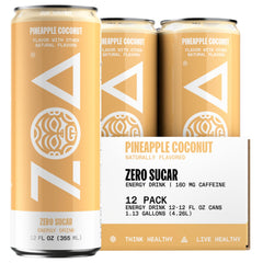ZOA Pineapple Coconut energy can showing zero sugar formula for clean, steady energy
