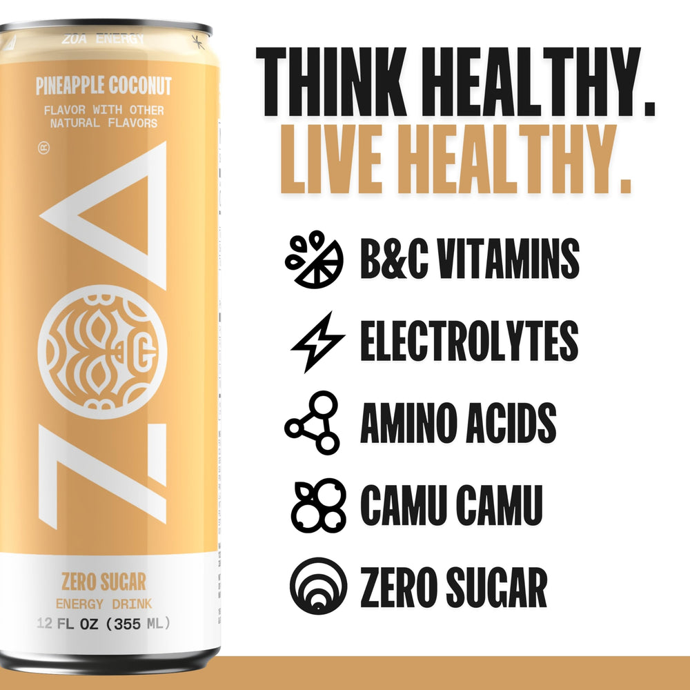 ZOA Pineapple Coconut energy can with vitamin C boost for daily wellness