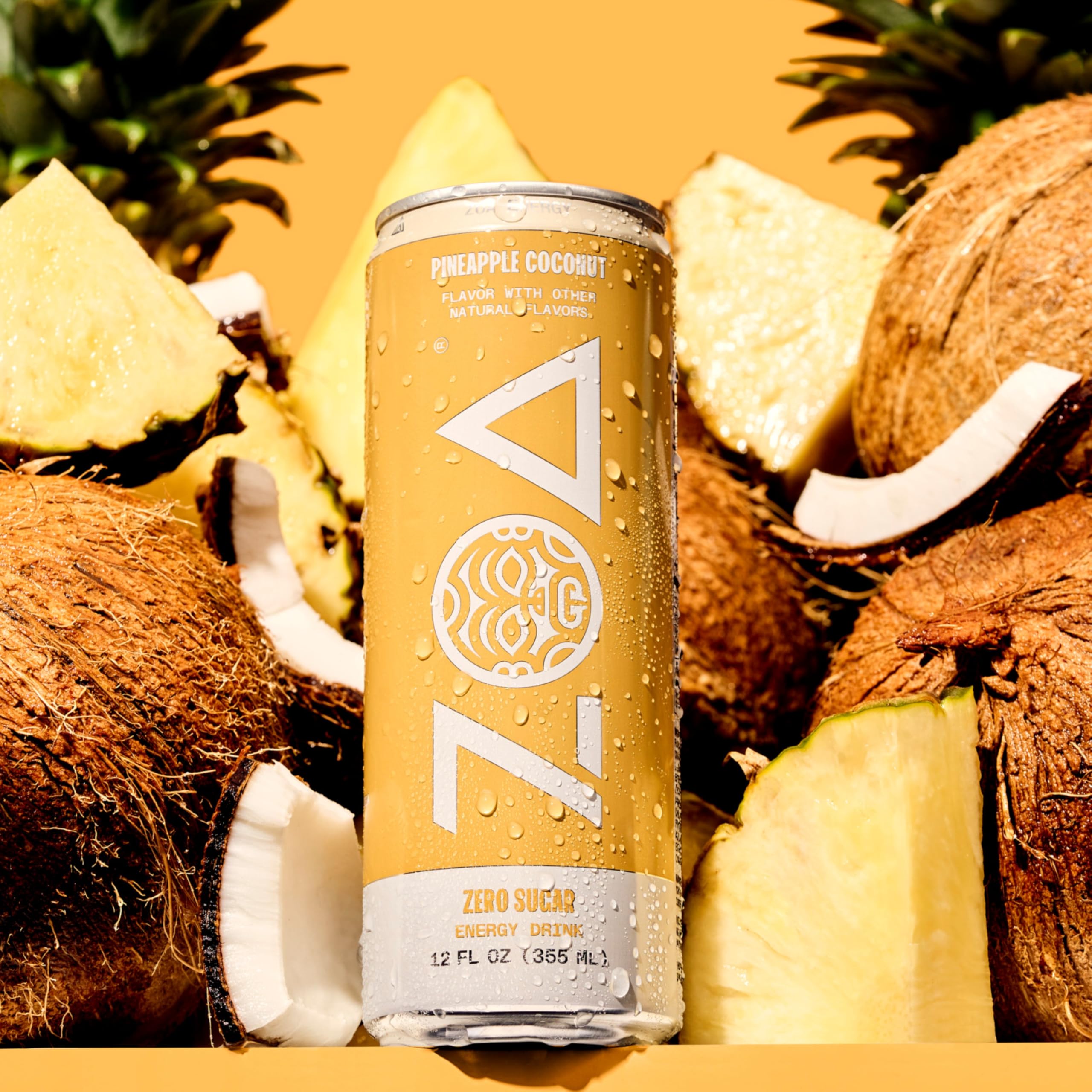 ZOA Pineapple Coconut energy can emphasizing B vitamins for vitality