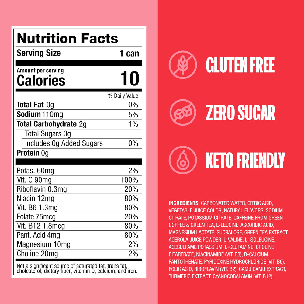 ZOA Strawberry Watermelon packaging highlights gluten-free and keto-friendly energy on the go.