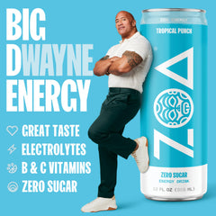 ZOA Tropical Punch label detail emphasizes vitamin C and B vitamins