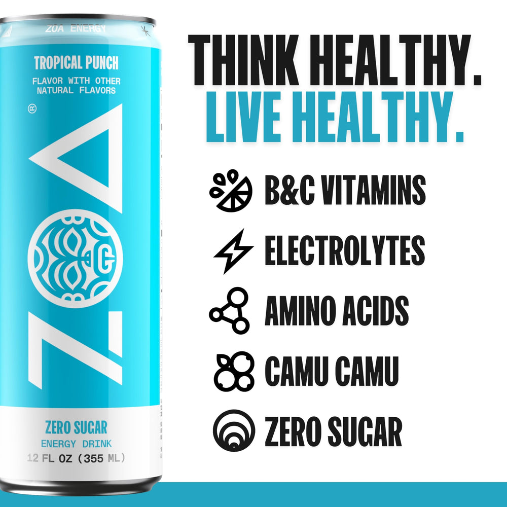 ZOA Tropical Punch 12oz can in multi-pack supports daily energy options