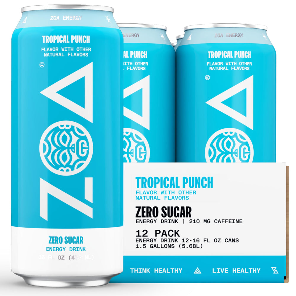 ZOA Tropical Punch can front view showing zero sugar energy boost for daily routines