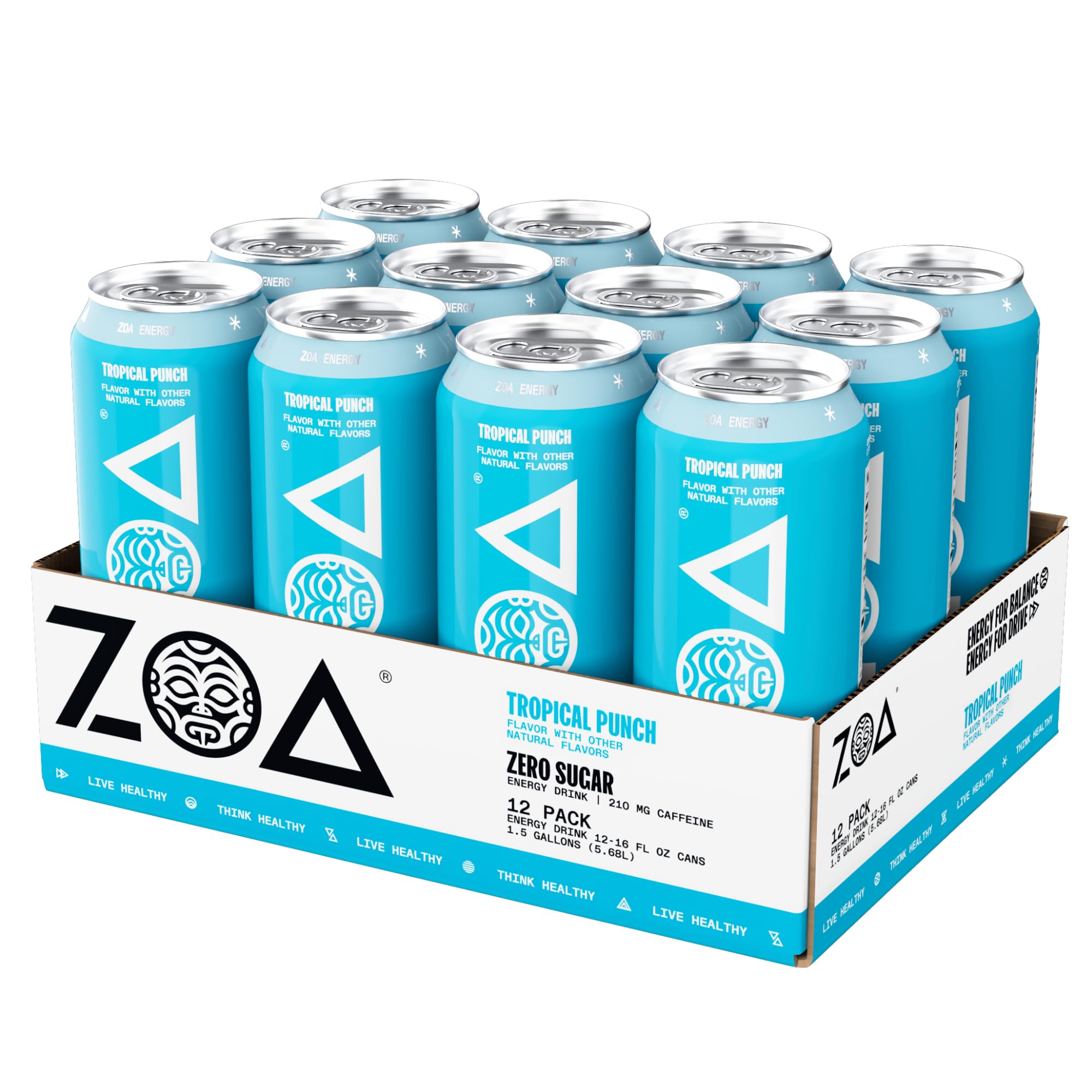 ZOA Tropical Punch liquid pour capturing refreshing tropical flavor and natural caffeine release