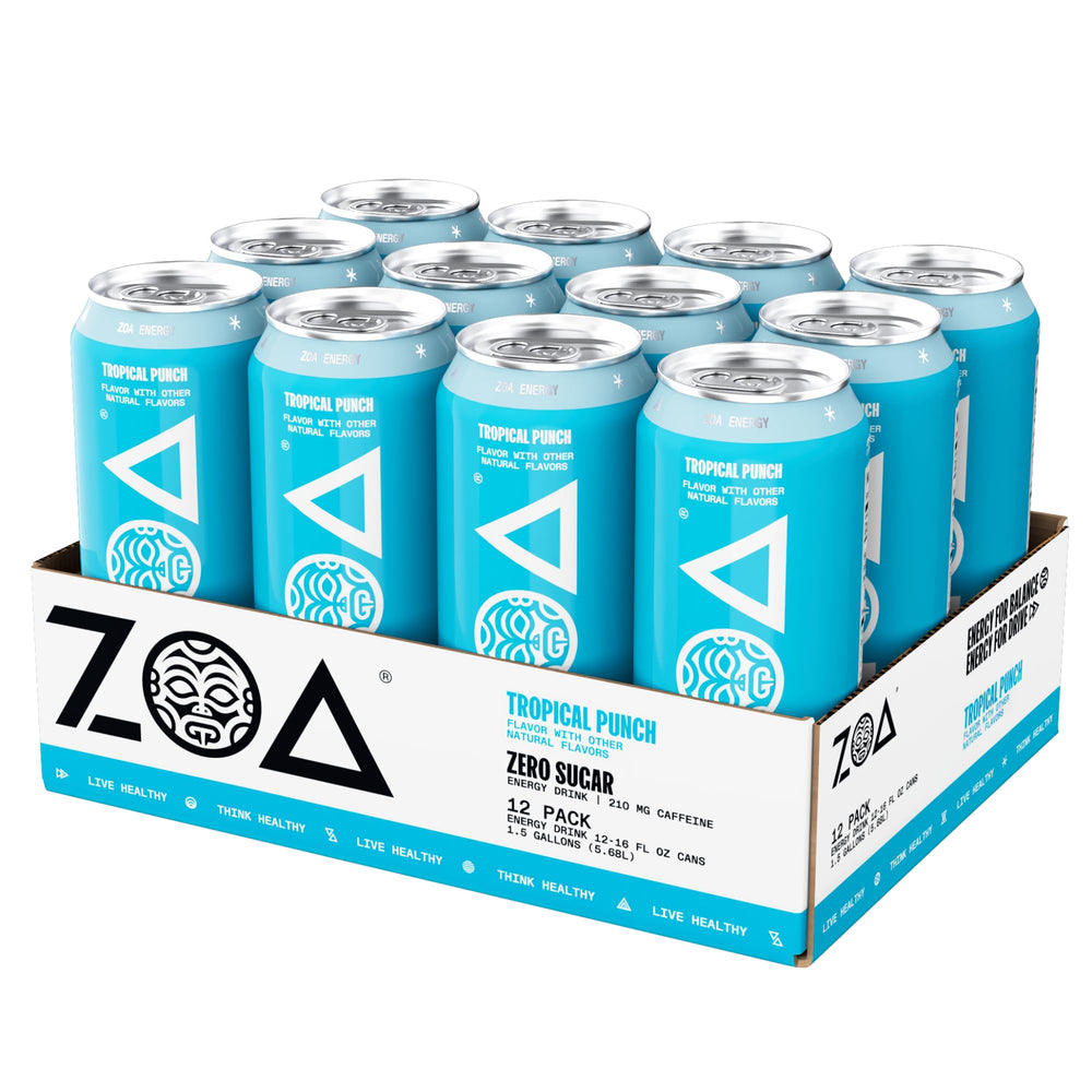 ZOA Tropical Punch liquid pour capturing refreshing tropical flavor and natural caffeine release