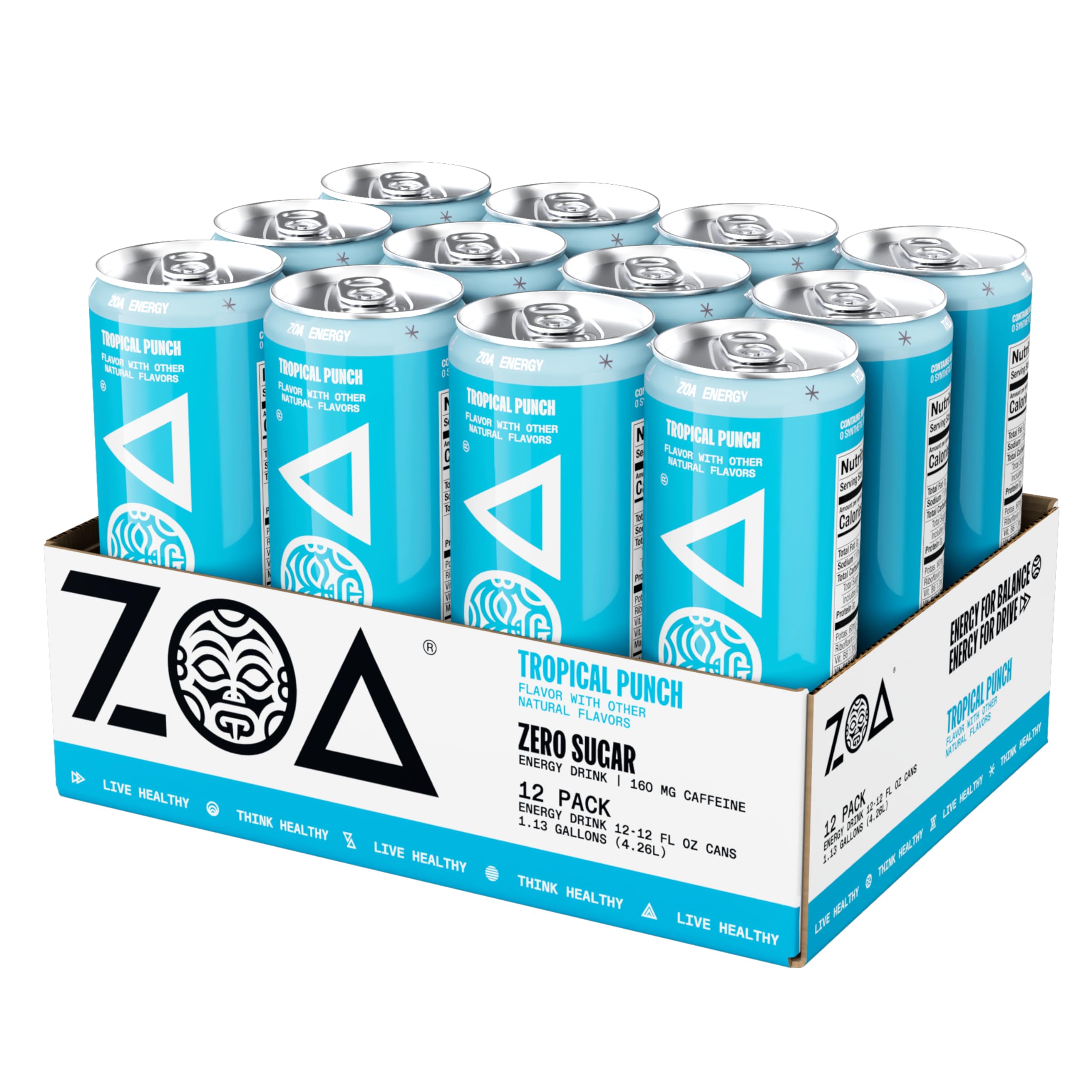 ZOA Tropical Punch can beside water bottle suggests electrolytes for hydration