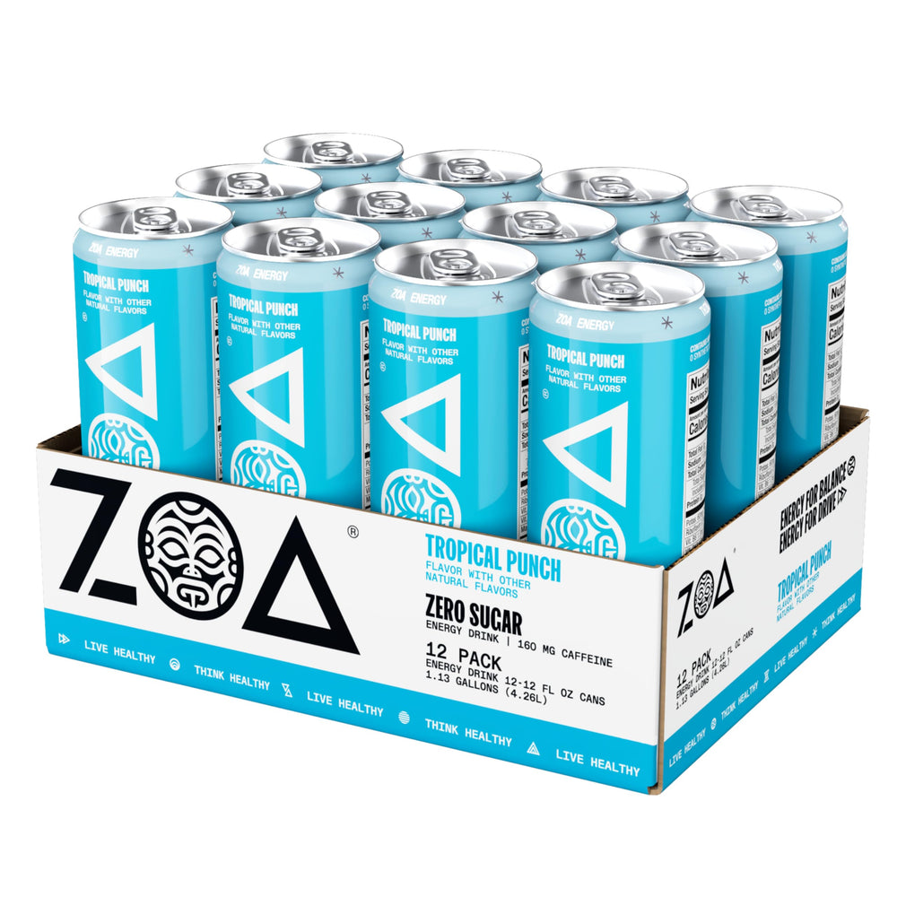 ZOA Tropical Punch can beside water bottle suggests electrolytes for hydration
