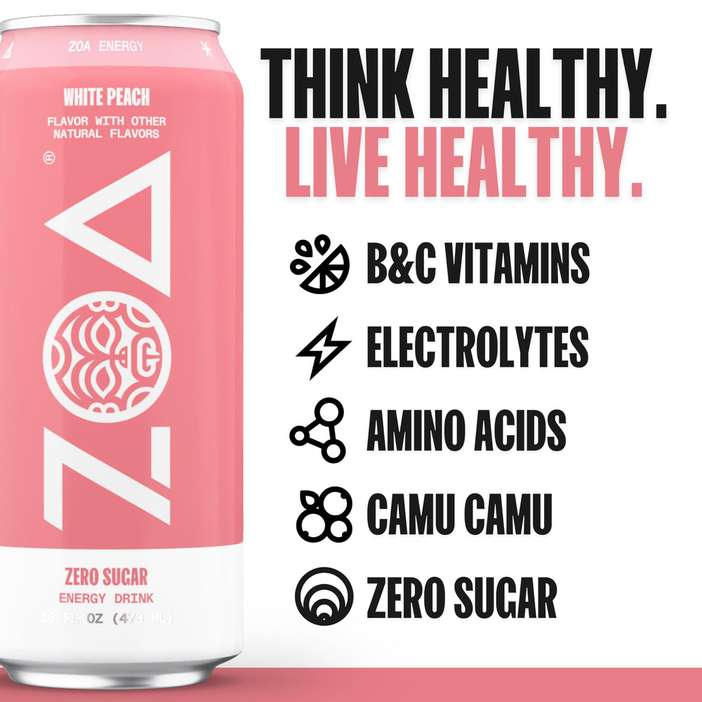ZOA White Peach bottle with glass highlighting refreshing flavor and hydration.
