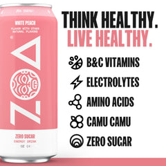 ZOA White Peach bottle with glass highlighting refreshing flavor and hydration.