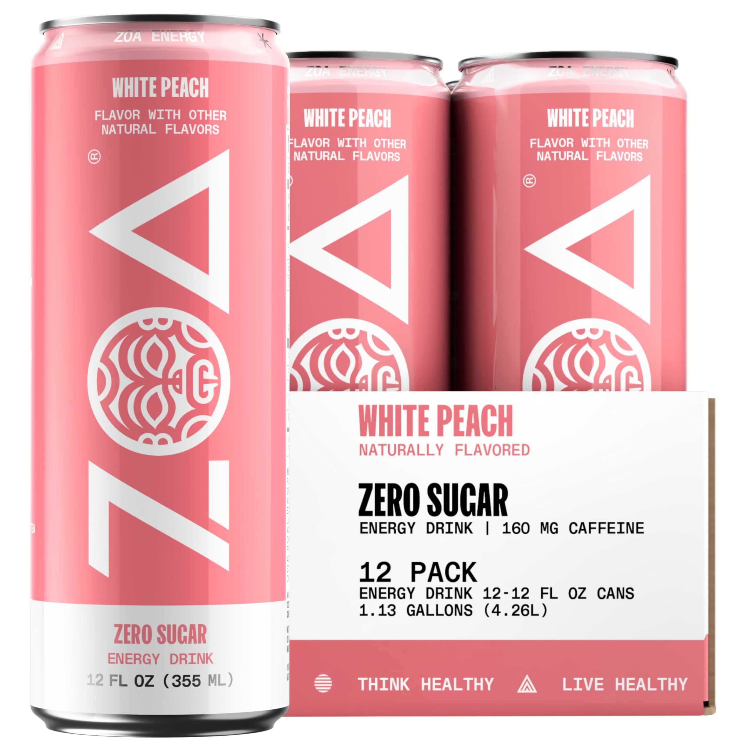 ZOA White Peach can front for a convenient zero sugar energy lift on the go.