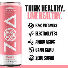 Chilled ZOA White Peach glass with ice highlighting hydrating, flavorful energy.