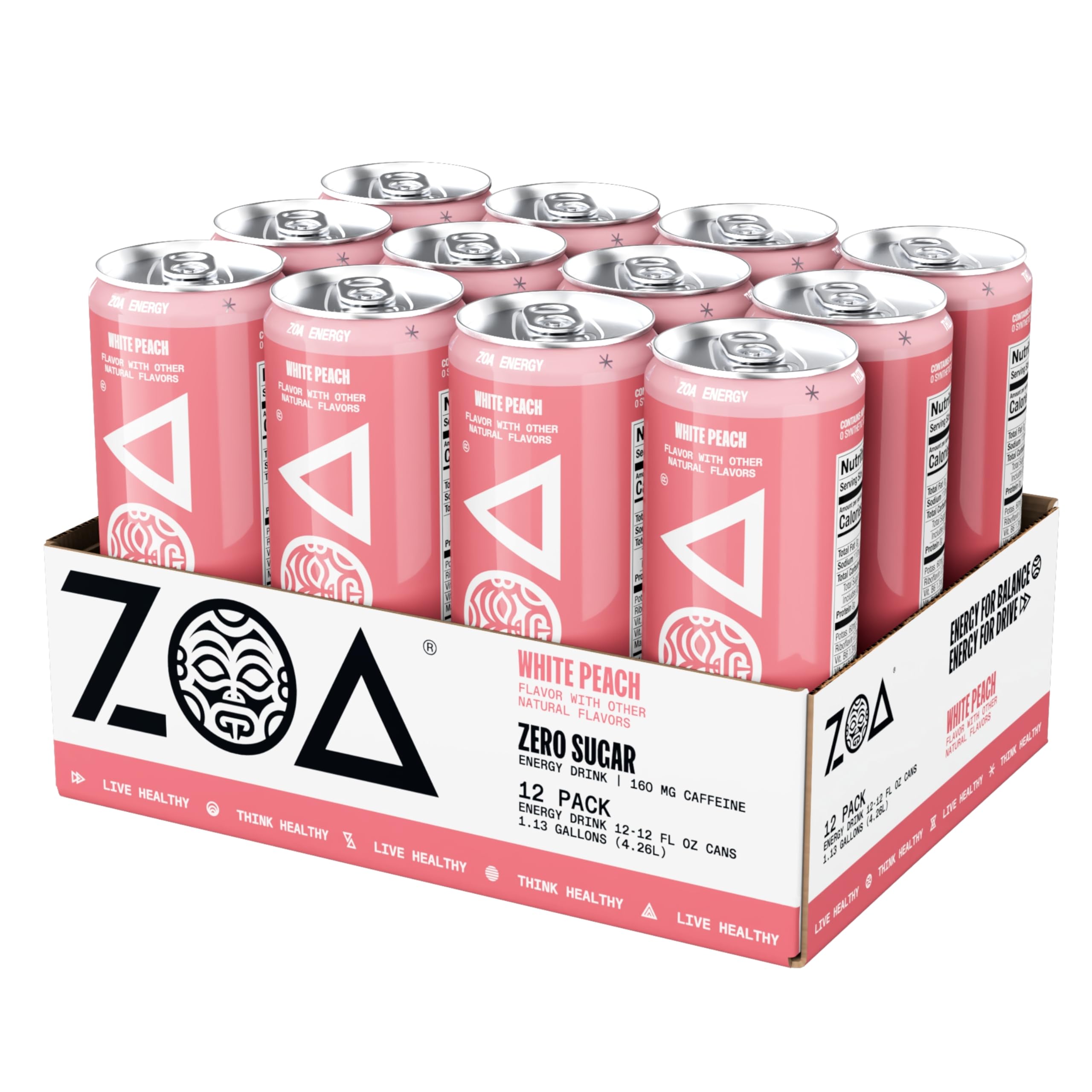 Close-up of ZOA White Peach label highlighting natural caffeine and vitamins.