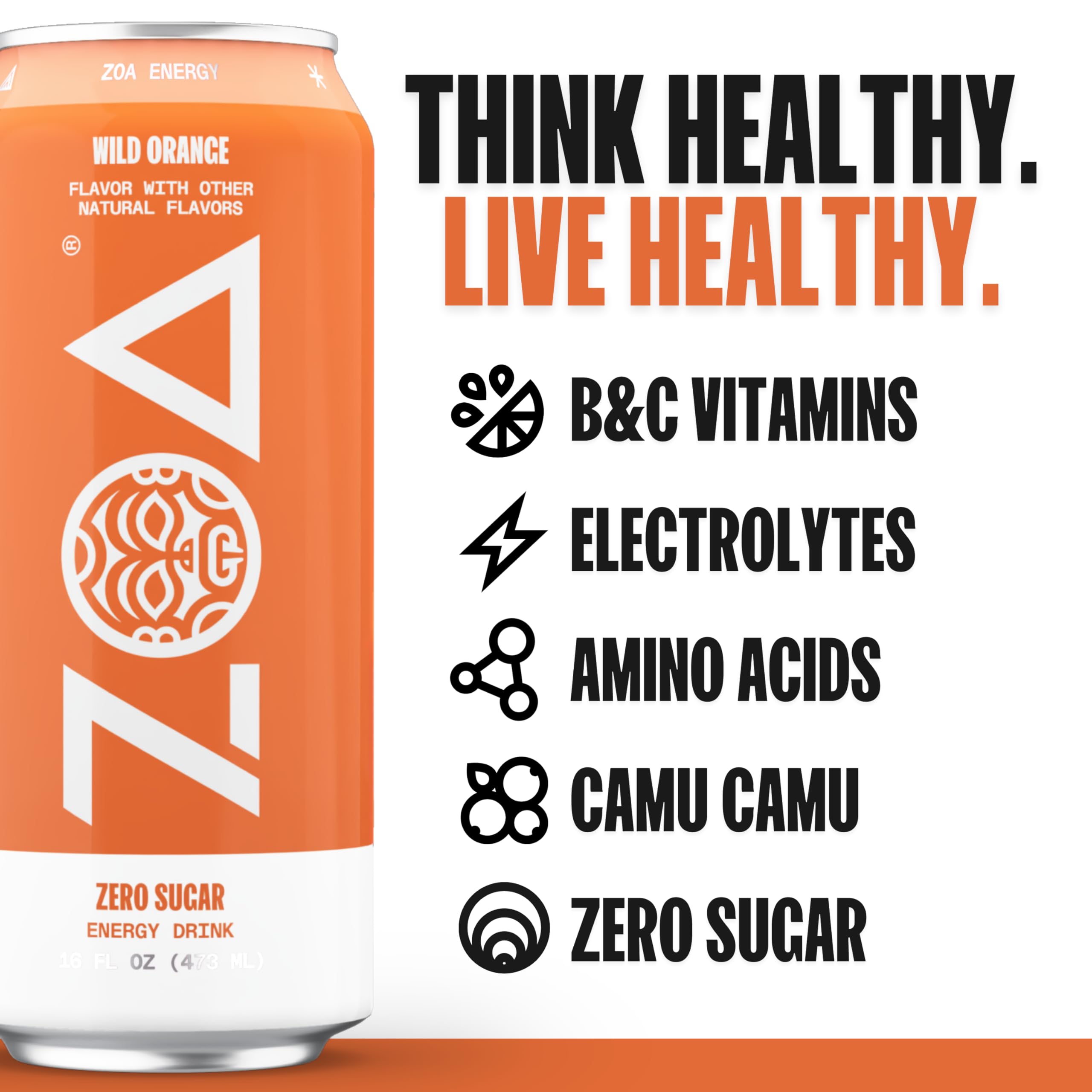 ZOA Wild Orange 12-pack case highlights gluten-free and keto-friendly energy.