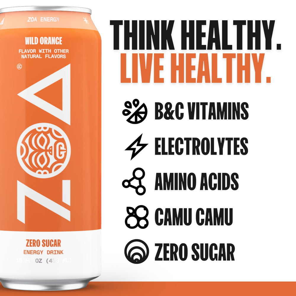 ZOA Wild Orange 12-pack case highlights gluten-free and keto-friendly energy.