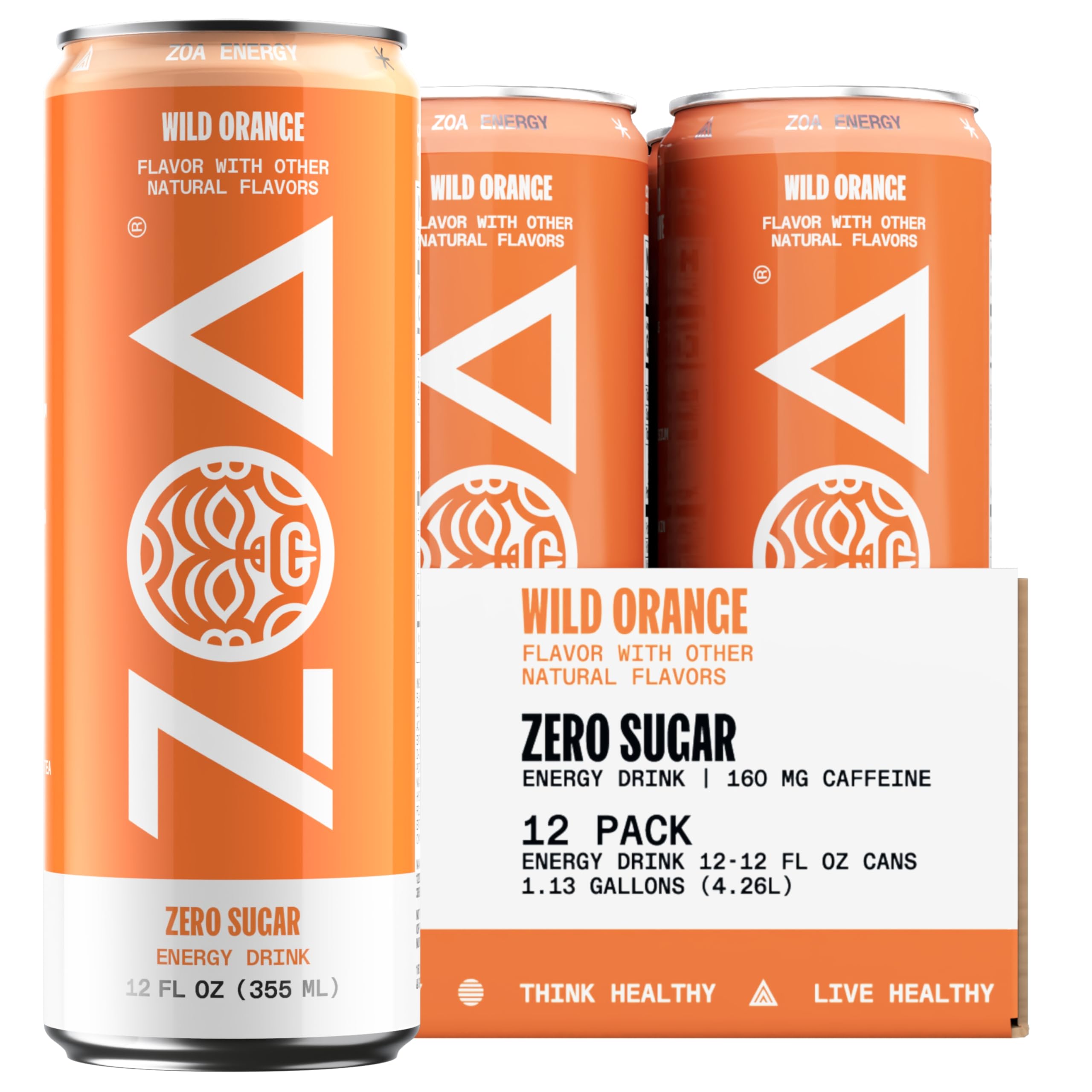 ZOA Wild Orange can front view highlighting zero sugar for steady energy