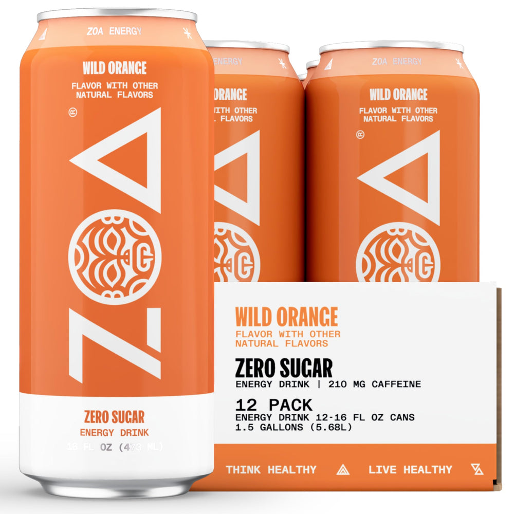 ZOA Wild Orange can front view highlighting zero sugar for steady energy.
