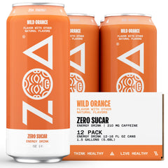 ZOA Wild Orange can front view highlighting zero sugar for steady energy.