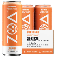 ZOA Wild Orange can front view highlighting zero sugar for steady energy