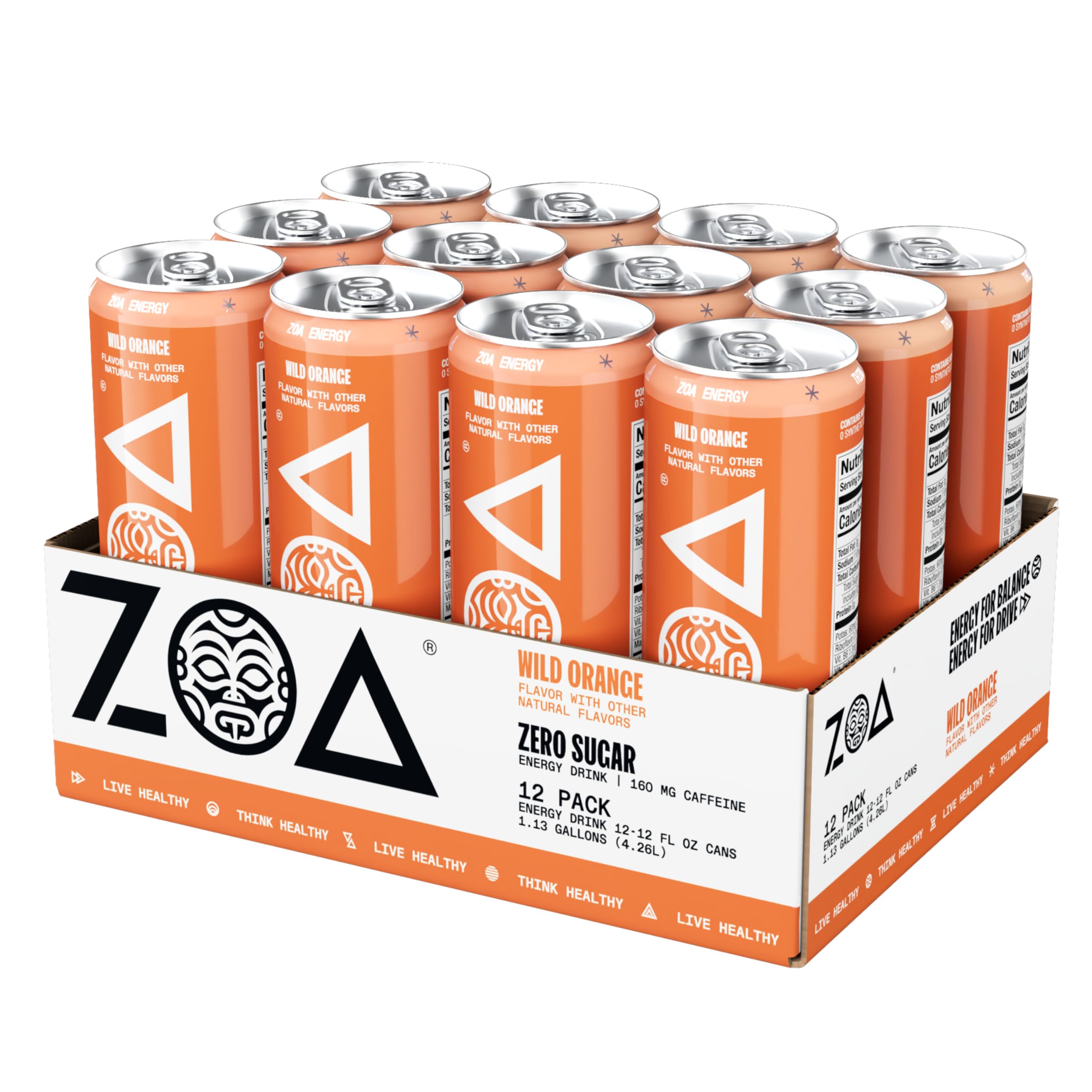 ZOA Wild Orange can being poured suggests refreshing, zero sugar energy