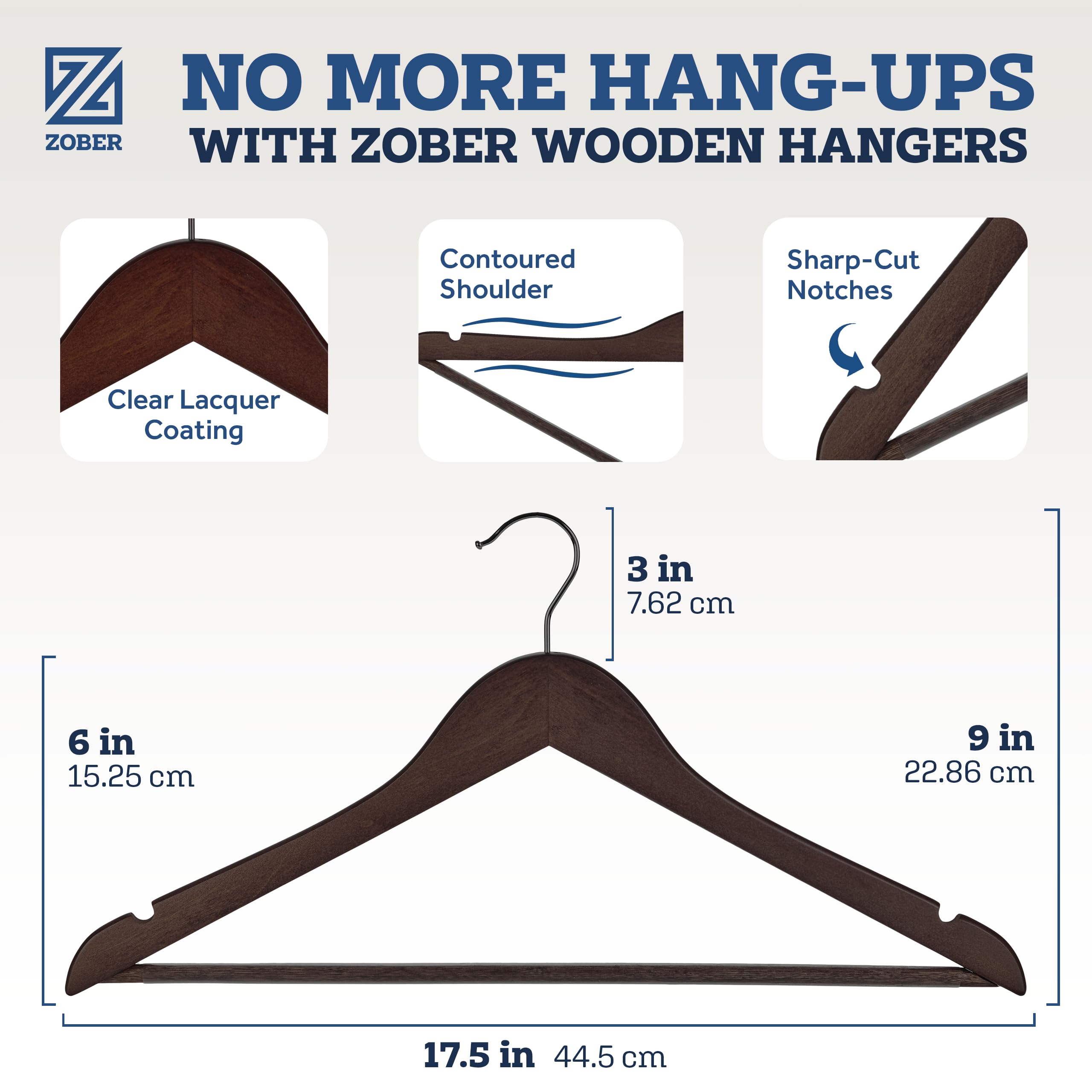 ZOBER wooden hangers contoured shoulders prevent shoulder bumps.