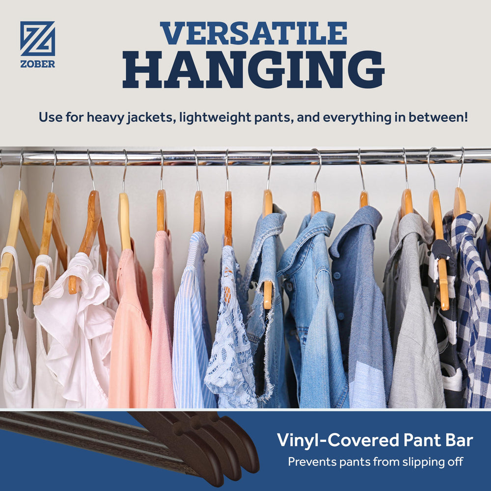 ZOBER wooden hangers offer sturdy construction for heavy coats and jackets.