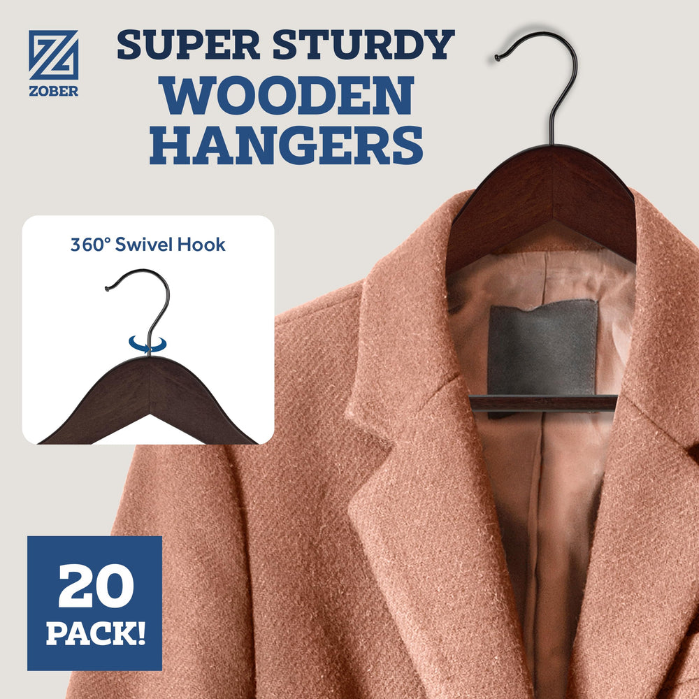 ZOBER wooden hangers with grooved pant bar keep pants secure.