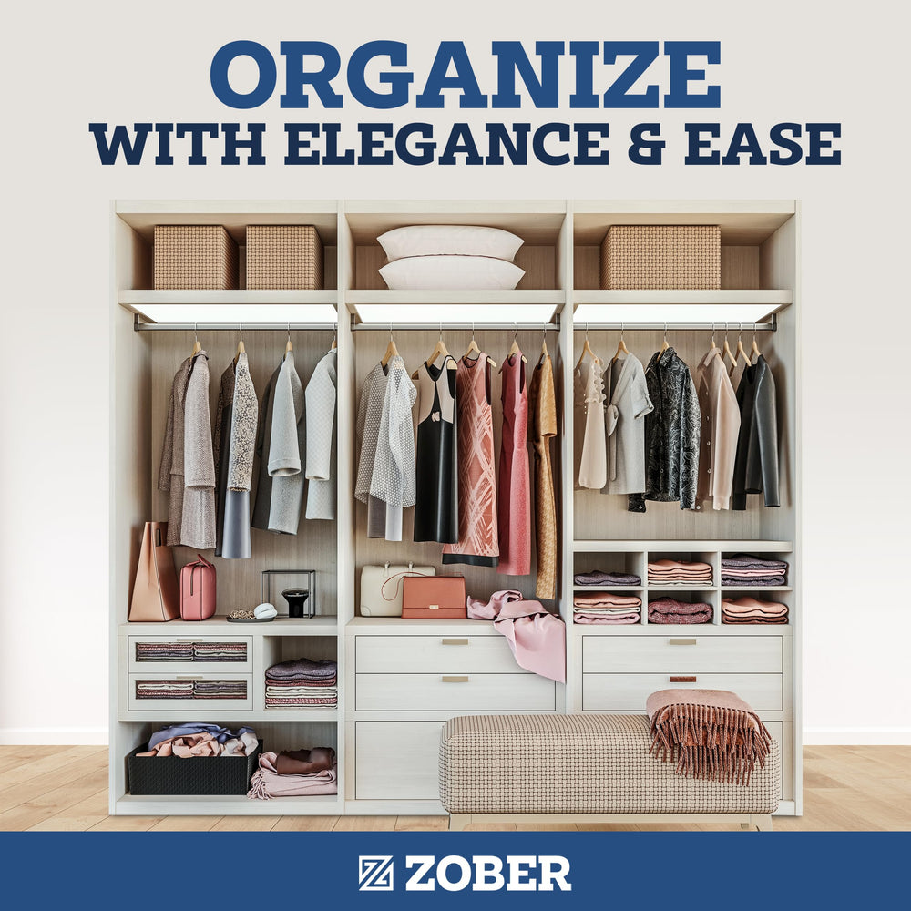 ZOBER wooden hangers preserve garment shape with ergonomic design.