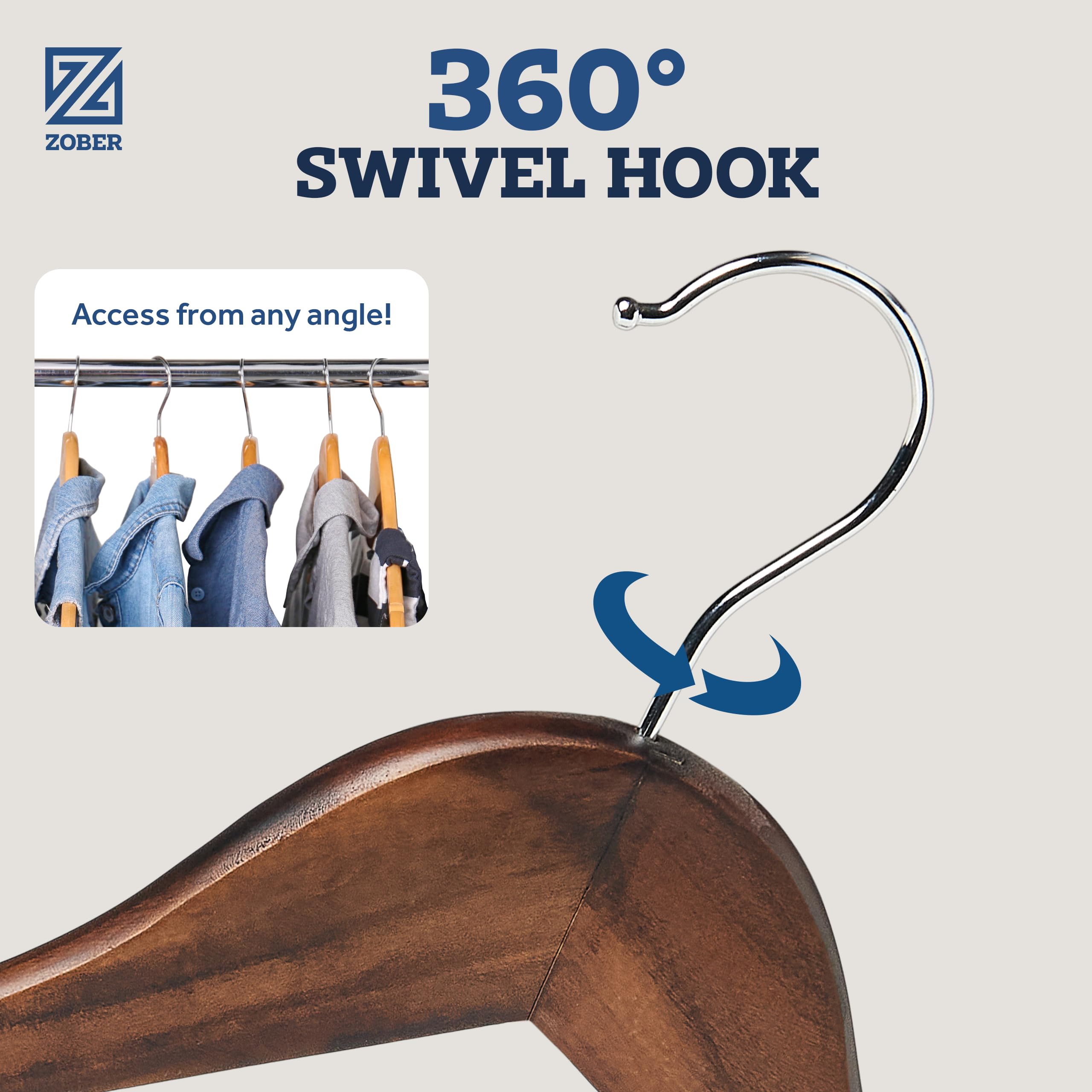 ZOBER wooden hangers feature a smooth finish for splinter-free durability.