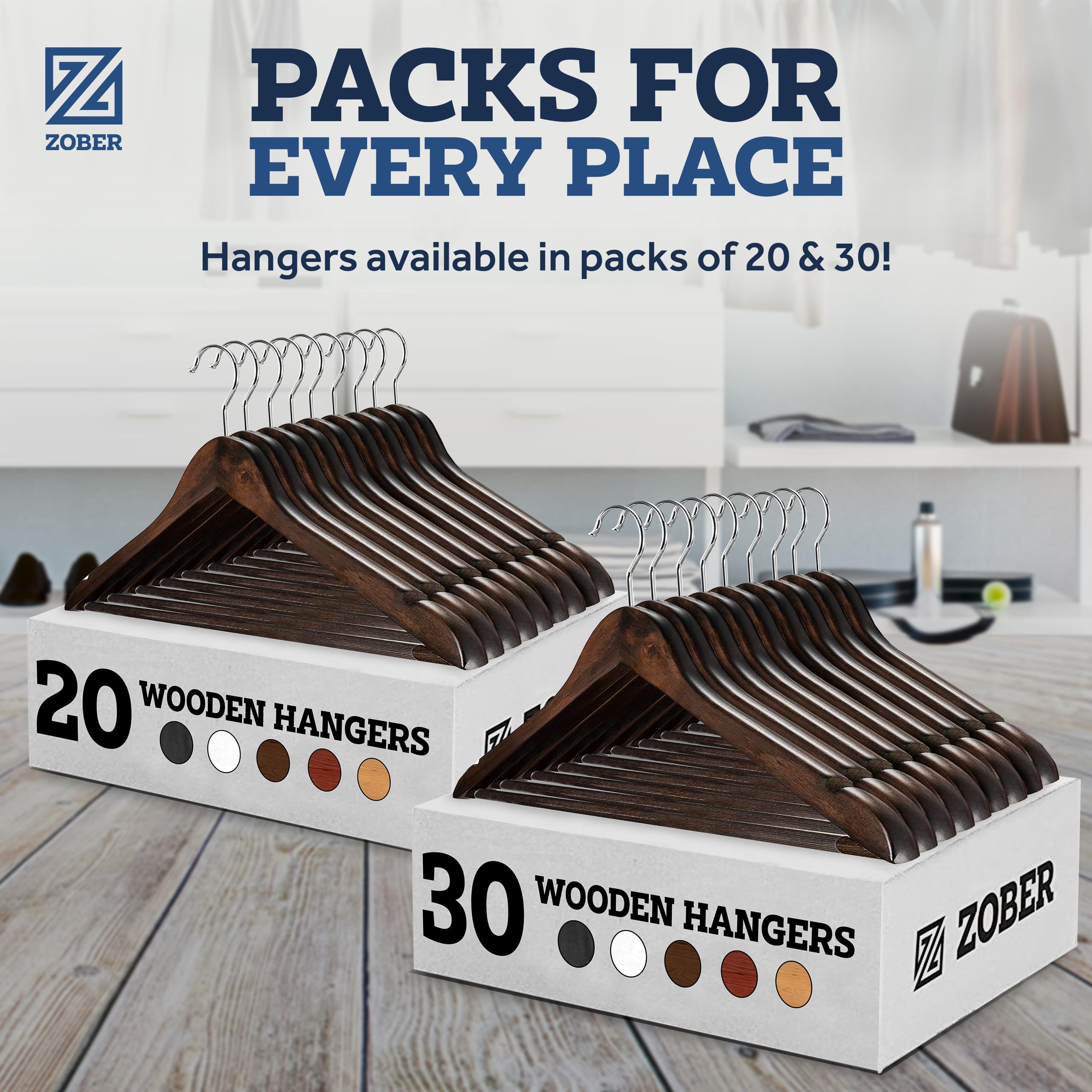 ZOBER wooden hangers ideal for coats, jackets, suits, and pants.