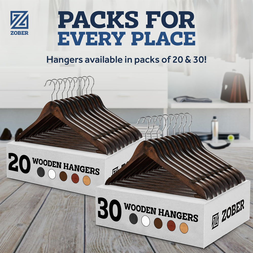 ZOBER wooden hangers ideal for coats, jackets, suits, and pants.