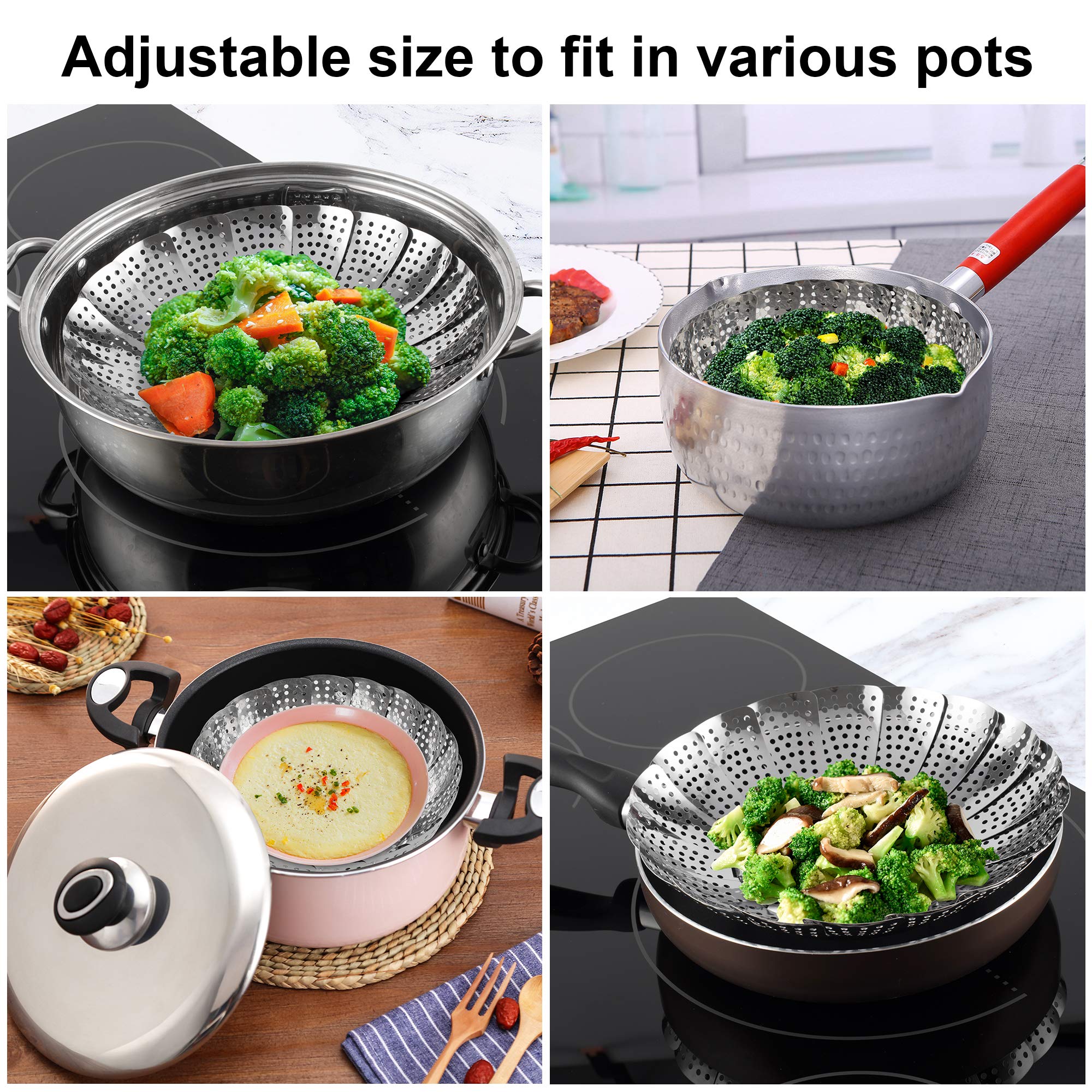 ZOCY Steamer Basket in-pot setup for steaming veggies, seafood, or eggs.