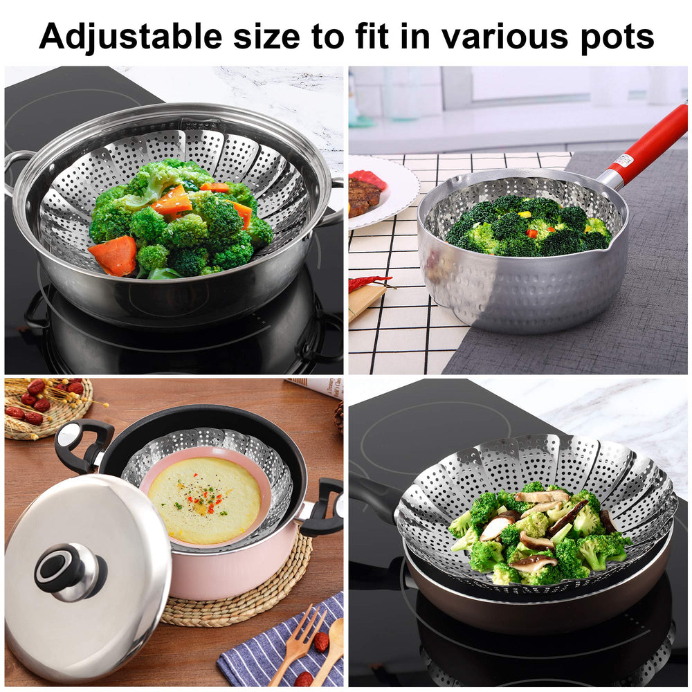 ZOCY Steamer Basket in-pot setup for steaming veggies, seafood, or eggs.
