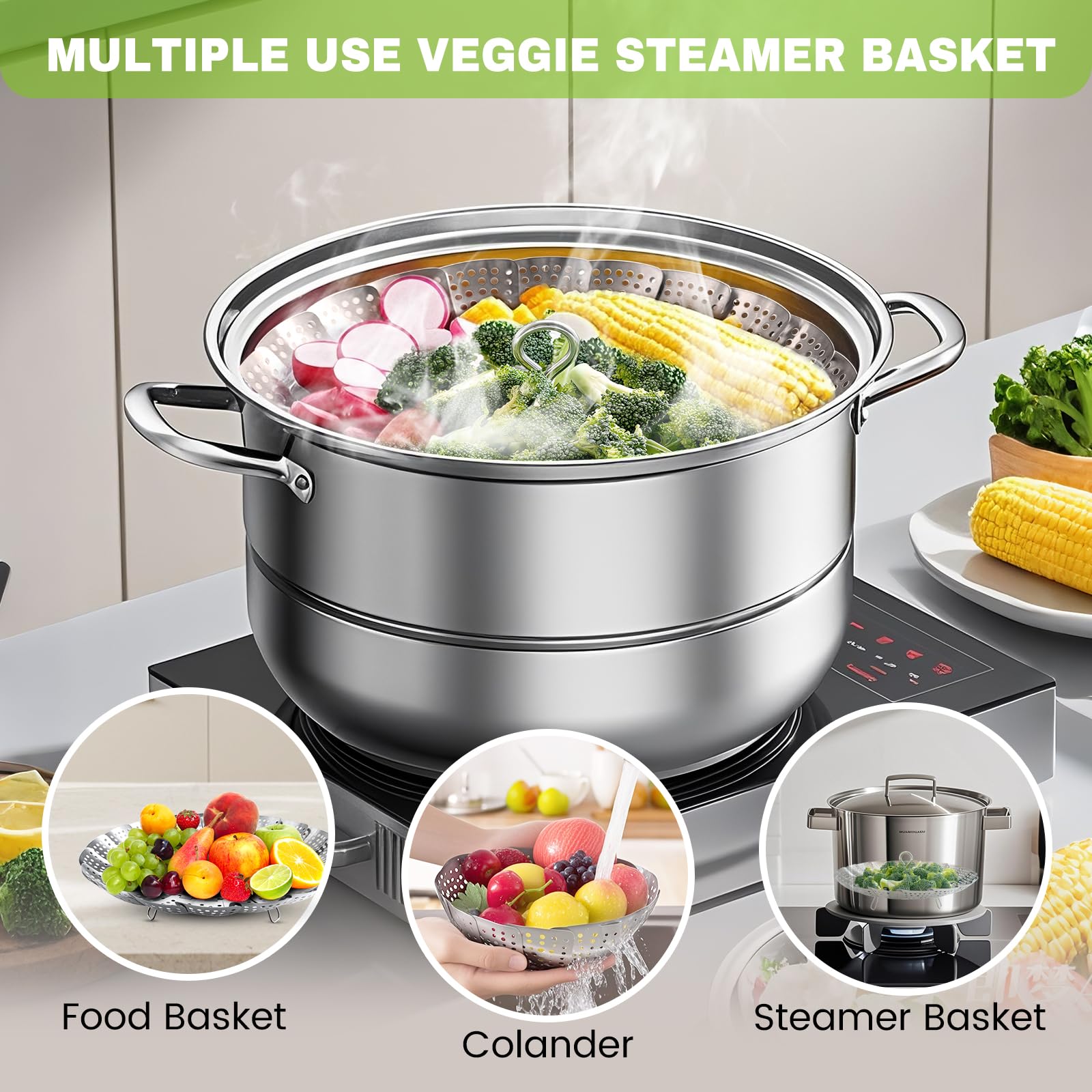 ZOCY Steamer Basket Rustproof stainless steel ensures durability and safe food contact.