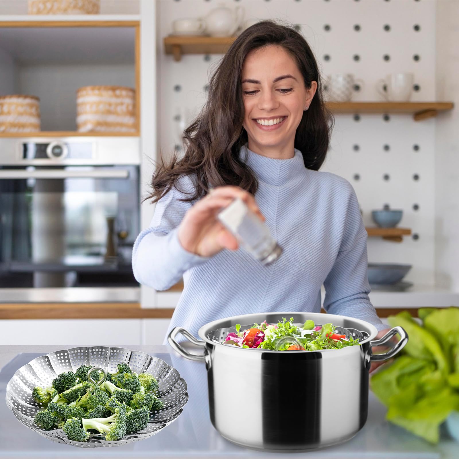 ZOCY Steamer Basket Expandable fits 6-10 inch pots for versatile cooking.