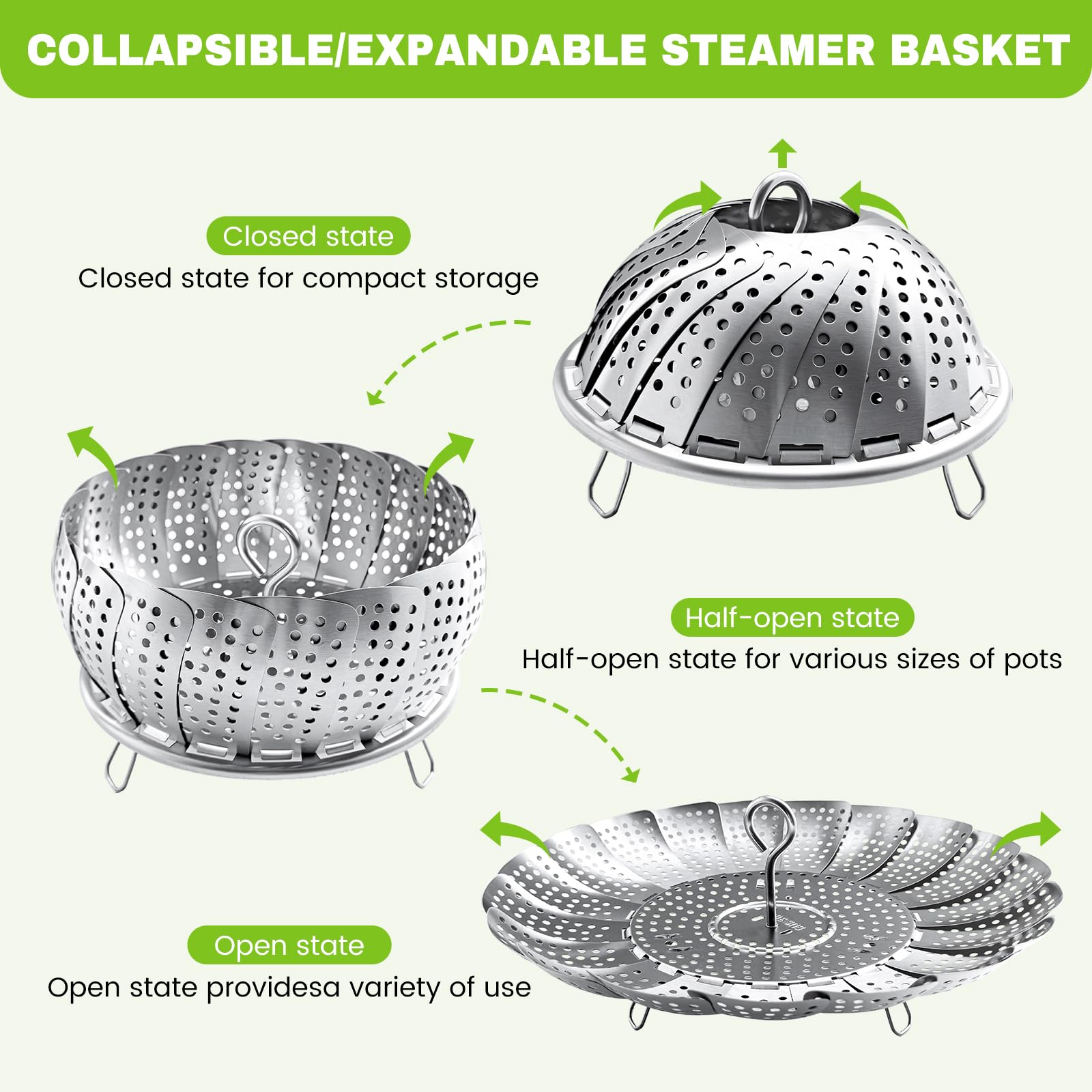 ZOCY Steamer Basket Multi-Use supports steaming veggies, seafood, eggs, and more.