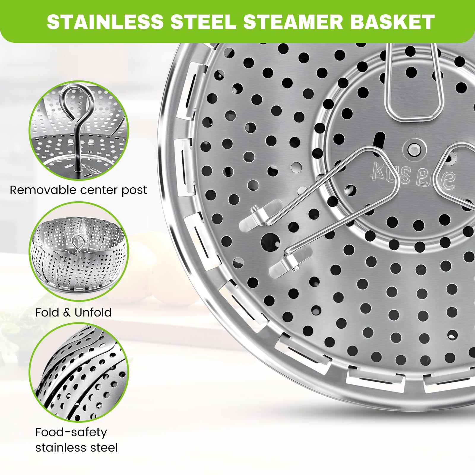 ZOCY Steamer Basket with removable legs for compact storage after use.