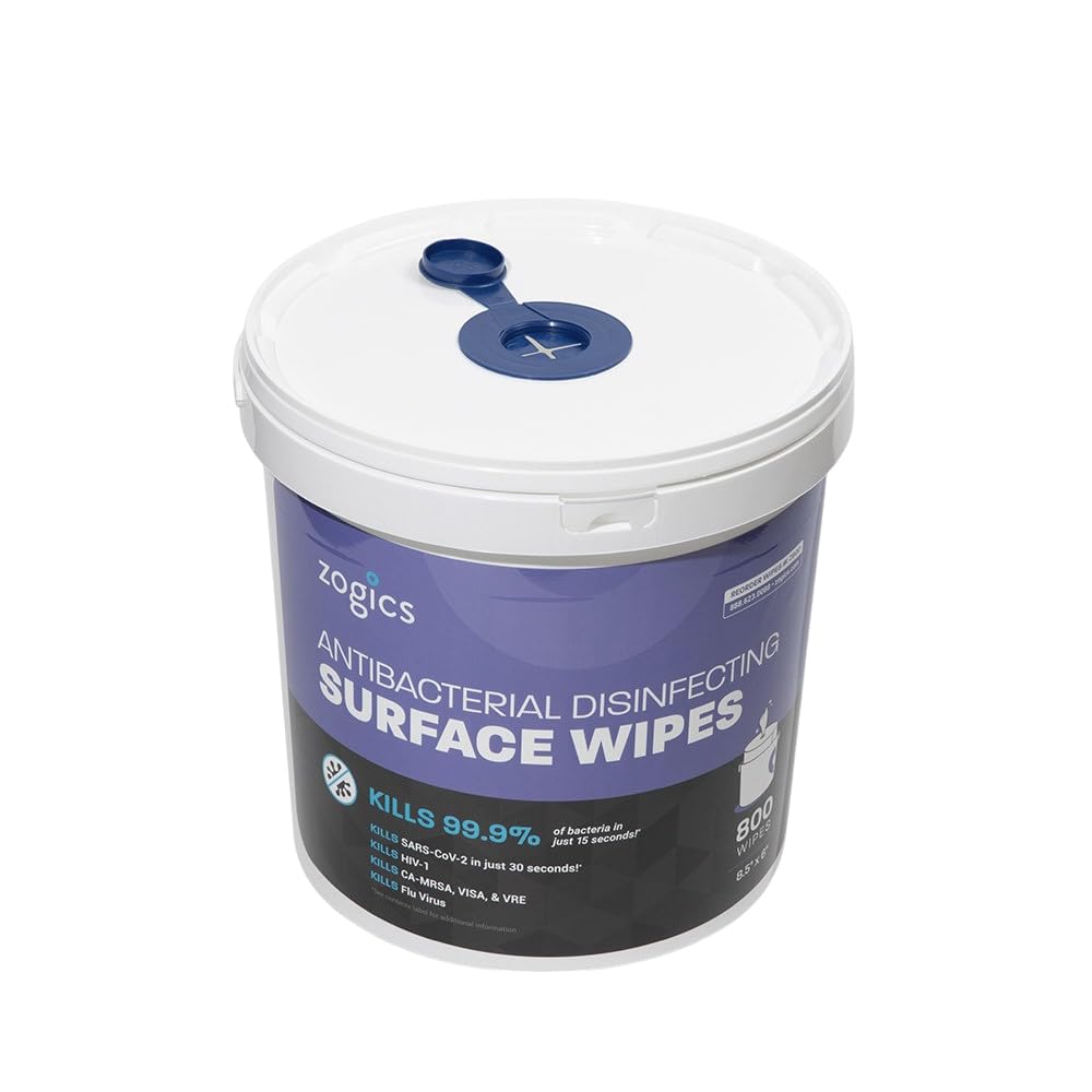 Zogics Antibacterial Wipes case with four rolls showcased for value.