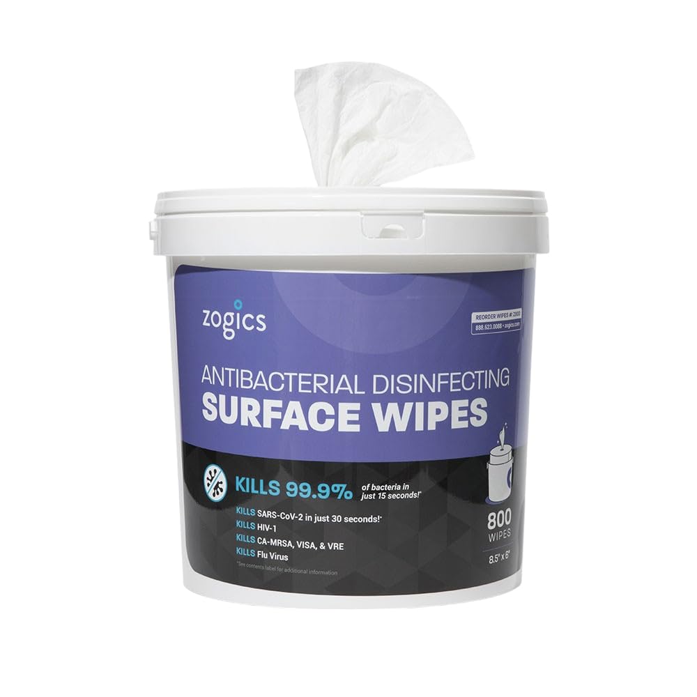 Zogics Antibacterial Wipes packaging close-up for fast surface disinfection.